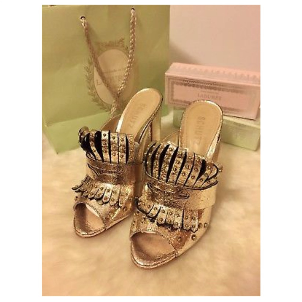 Schutz JANNY Open Toe Mule Pumps - Gold
